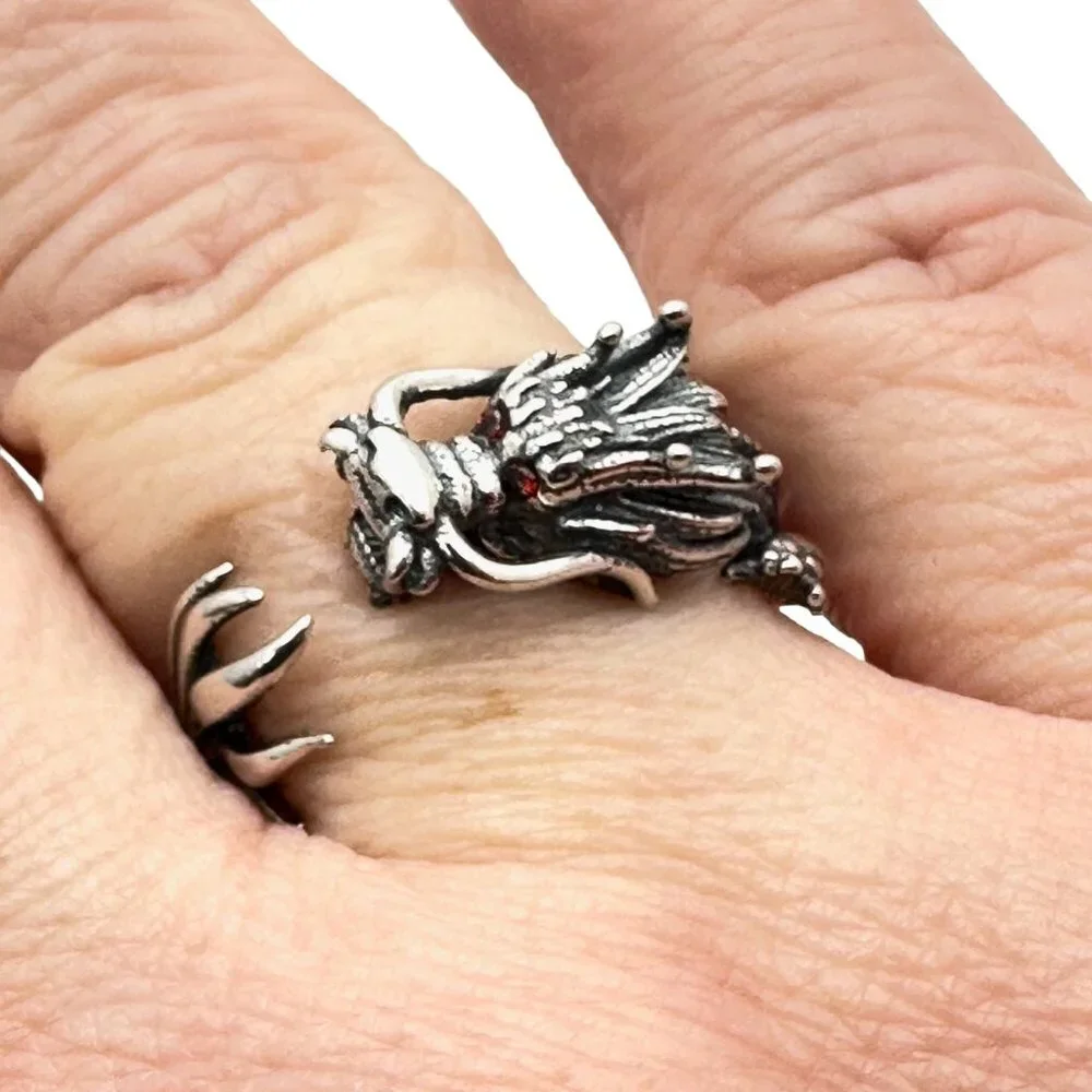 Very Cool Mens Womens Ring Sterling Silver Red Garnet Eyes Dragon Size 8